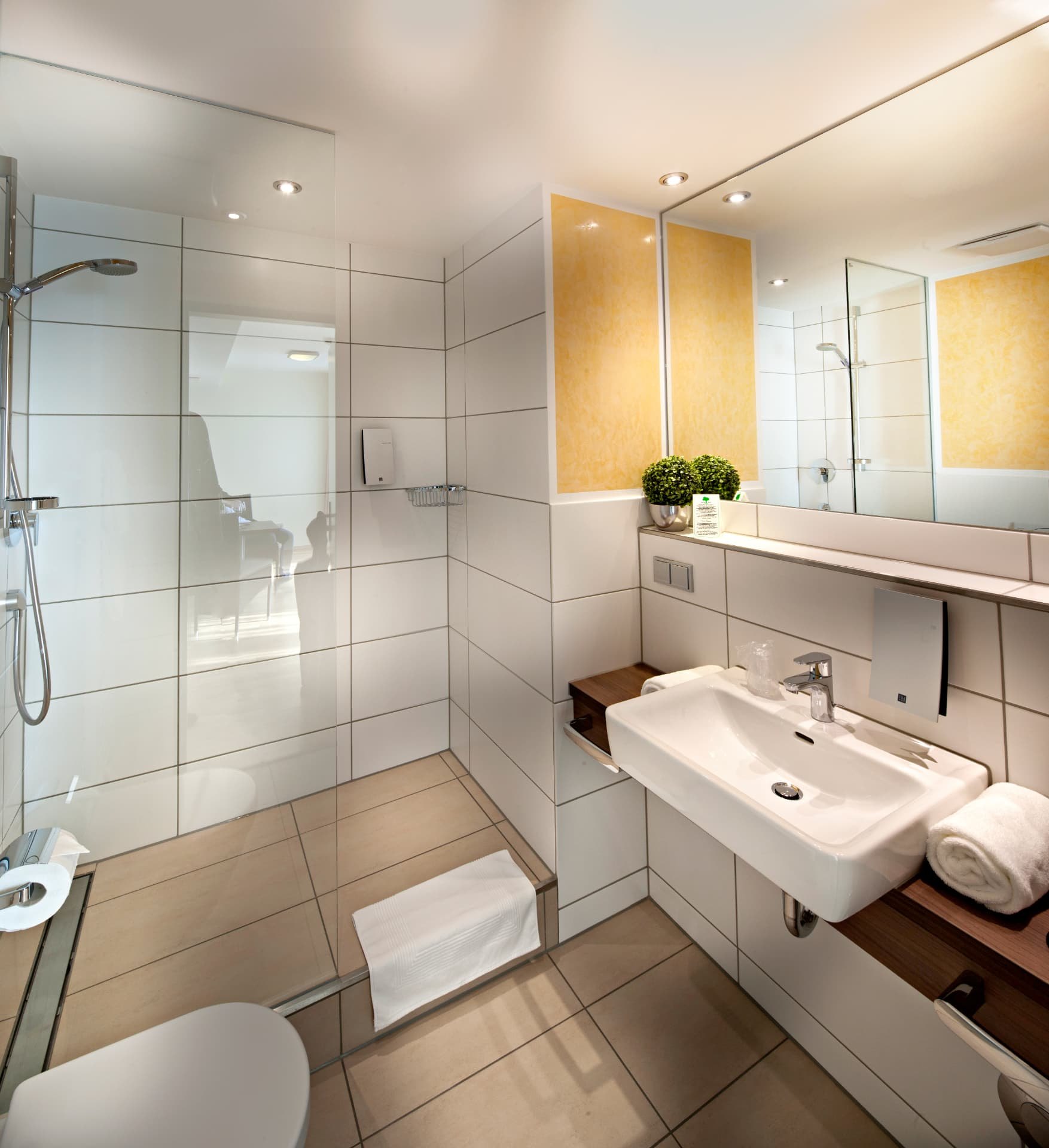 Badezimmer mit bodengleicher Dusche, Waschtisch und Spiegelwand
